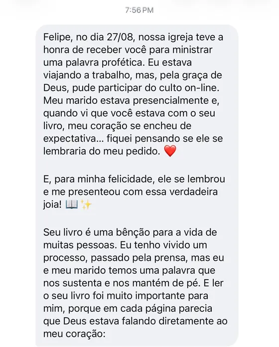 Mensagem de leitora que ganhou o livro do marido