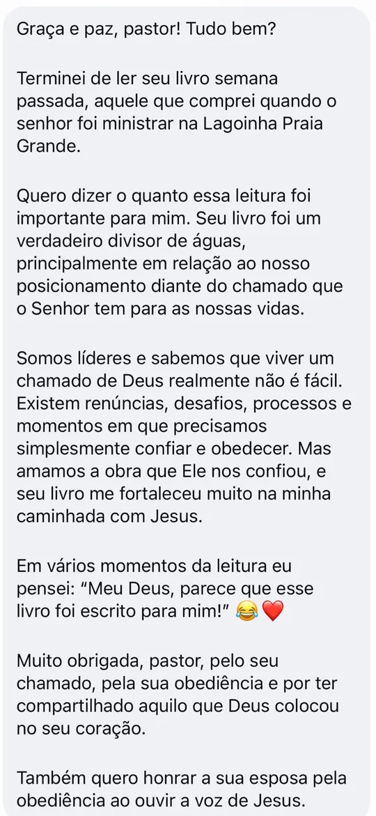 Mensagem de líder que leu o livro após evento